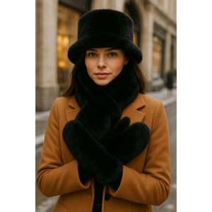 Ensemble 3 pièces en fourrure pour femme (chapeau + écharpe + gants) noir, SET04 - set04-black - Product Image 4