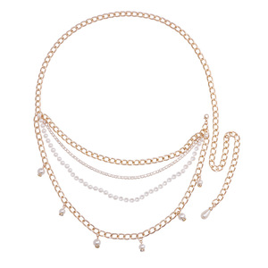 สายสร้อยเอวไข่มุกสำหรับผู้หญิงสีทองสี่ชั้นจี้กลมประดับร่างกายแบบลำลอง - Product Image 5