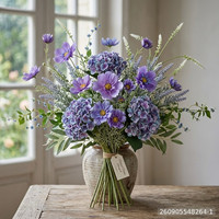 Buket Bunga Sintetis Realistis Warna Ungu Gradasi, Bunga Sutra Hydrangea Cosmos Lavender Plastik untuk Hari Ibu