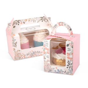 Boîte à cupcakes portable mignonne et écologique avec poignée, en carton biodégradable, finition brillante et gaufrage, design avec fenêtre - Product Image 6