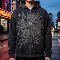Sudadera con capucha de cremallera completa con diseño de telaraña de diamantes de imitación, estilo Y2K, streetwear, vintage, de felpa gruesa lavada, gótico grunge, corte holgado y extragrande