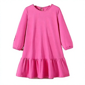 Vestido rosa de punto de manga larga hasta la rodilla con corte en A, dobladillo con volantes, cuello redondo, estilo casual para niñas, 100% algodón, Bangladesh - Product Image 1