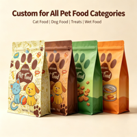 Sac pour aliments pour animaux de compagnie à fond plat imprimé sur mesure, à huit soudures latérales, avec fermeture éclair, en BOPP, VMPET, PE 140 microns, pour aliments pour chiens et chats