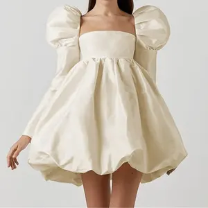 HL Fabrik Großhandel hochwertige Sommer party Prinzessin Puff Langarm Mini kleid Frauen benutzer definierte hohe Taille Baumwolle Satin Kleid