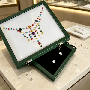 Boîte de présentation en cuir PU vert pour pierres précieuses, plateau de rangement double couche avec couvercle en verre pour diamants, pierres brutes et bijoux - Product Image 6