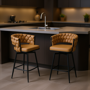 Juego de 2 Taburetes de Bar de Cuero Tejido, Giratorios 360°, con Reposabrazos, Base Metálica Marrón Claro, para Isla de Cocina - Product Image 2