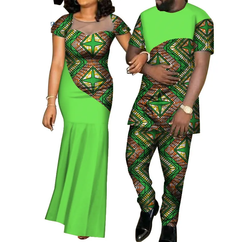 Pemasok Pakaian Afrika Kain Lilin Katun Ukuran Plus Pakaian Pasangan Tradisional Afrika Baju Pernikahan Wanita dan Kemeja Pria