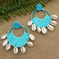 Tissé à la main concepteur cerceau coquille raphia macramé boucles d'oreilles pour femmes bohême coquille ronde grandes boucles d'oreilles géométrique exagéré bijoux