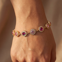 Gelang Tenis Berlian Imitasi Bulat Dua Warna Pink, Baja Tahan Karat 304 Berlapis Emas, Gelang Rantai Warna Fuchsia & Pink Muda Bergantian