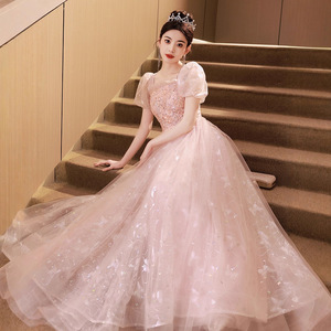 Pink Ball Gown Evening Dress Square Collar Empire Waist 3D Embellished For Weddings Banquets Birthday Parties - Product Image 4