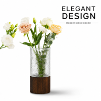Vase cylindrique en verre borosilicate avec base en bois, vase à fleurs moderne pour la décoration de la maison, centre de table de mariage, logo personnalisé OEM
