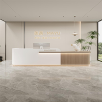 Bureau de réception moderne en bois avec façade en pierre et éclairage LED, pour salons de beauté, bureaux, hôpitaux, hôtels et écoles. Mobilier de bureau.