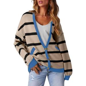 2025 femmes surdimensionné rayé Cardigan 2024 automne hiver ouvert avant manteau chandails avec poches gros imprimé vêtements d'extérieur - Product Image 3