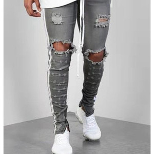 Envío gratuito Moda Streetwear hombres Jeans gris Skinny <span class=keywords><strong>Hombre</strong></span> rasgado <span class=keywords><strong>pantalones</strong></span> vaqueros con cinta lateral Homme Hip Hop - Product Image 3