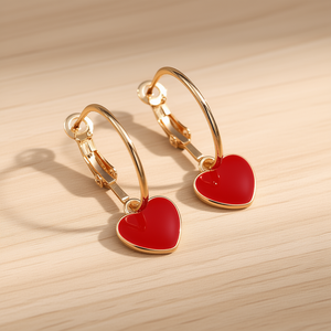 Boucles d'oreilles à clip en forme de cœur rouge E1564, plaquées or, en alliage de zinc, bijoux fantaisie pour femmes, cadeau mignon - Product Image 2