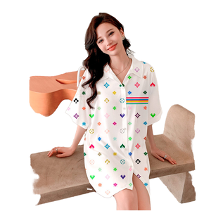 Yaoyu femmes décontracté été chemise de nuit à manches courtes glace soie chemise robe nouveau pyjama en Satin mousseline de soie avant solide maison - Product Image 1