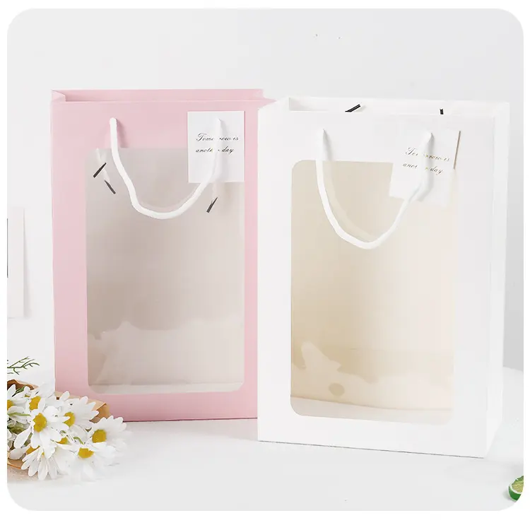 Flower Bouquet Gift Bags with Tote Paper Bags Transparent Window floral Packing Bags for Wedding