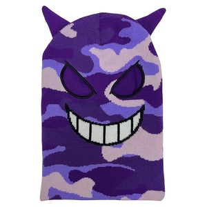 Masque facial intégral pour homme, hiver, violet, mignon, jacquard, camouflage, tricoté, avec cornes - Product Image 1