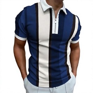 Men's Striped Short Sleeve <b>Polo</b> <b>Shirt</b> With Zipper Color Blocked Casual Knitted Design <b>Blue</b> White Black - Product Image 1