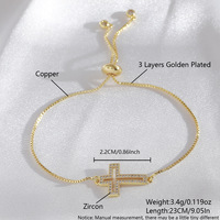 Bracelet croix plaqué or véritable, design ajouré, incrusté de zircon, réglable, tendance transfrontalière