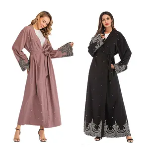 Abrigo modesto árabe con cuentas para mujer cárdigan largo bata señoras vestido musulmán bordado frente abierto Abaya