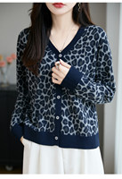 Cardigan en tricot imitation laine de haute qualité, col en V, motif léopard, coupe ample pour femme, personnalisable.