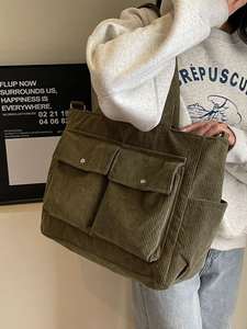 กระเป๋าสะพายไหล่ผ้าลูกฟูกขนาดใหญ่ พิมพ์โลโก้ตามสั่ง กระเป๋าถือพกพาสะดวก - Product Image 4