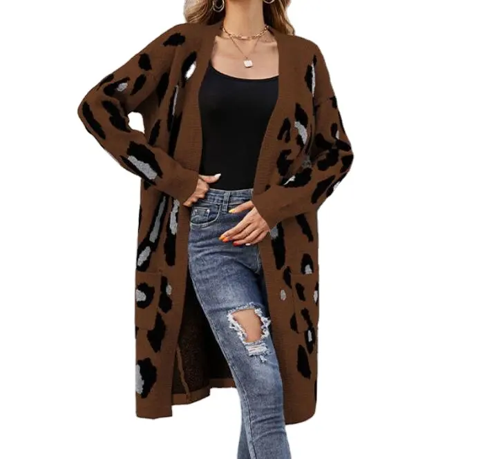 2023 Winter V Neck Brown Leopard Knit Pockets Long Style Women Cardigan Sweater