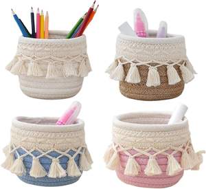 Cesta Tejida de Yute y Algodón Natural, Cesta Pequeña de Macramé con Borlas, Contenedor de Almacenamiento para Cosméticos, Productos para el Cuidado de la Piel, Organización de Escritorio - Product Image 1