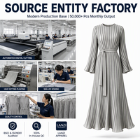 Robe longue musulmane vintage à marque privée, usine OEM ODM, plissage thermocollé permanent, col à manches évasées, taille haute, coupe trapèze, polyester