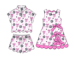 Completi coordinati per sorelle: Maglietta casual con fiocchi da calcio per il giorno della partita, gilet, gonna con bordo smerlato, pantaloncini e sottogonna (skorts) per bambine. - Product Image 2
