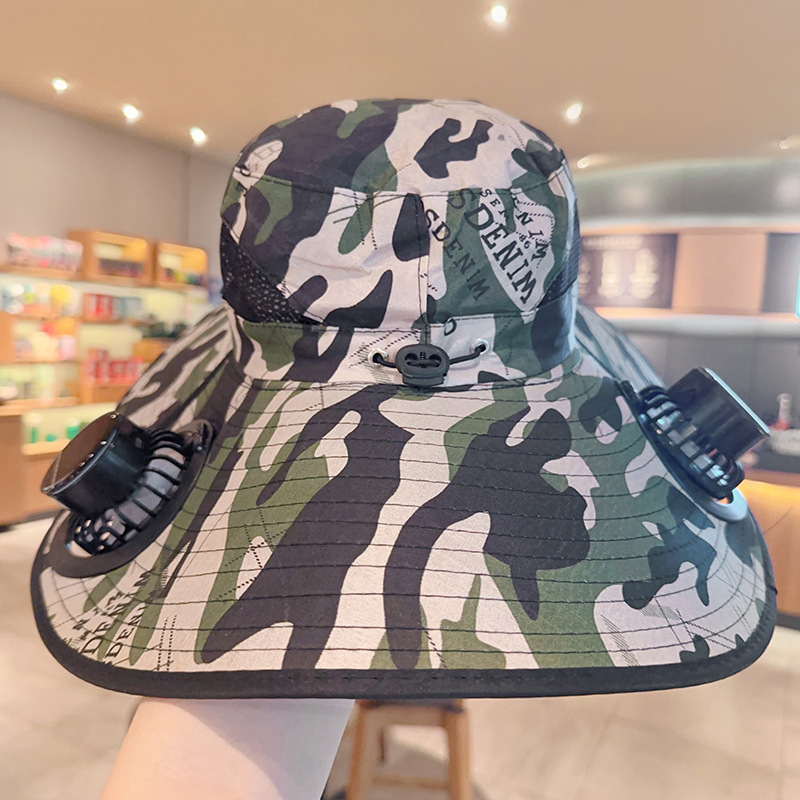 Solar powered double fan fishermans hat-camouflage green