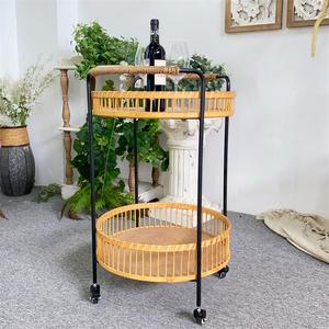 Chariot de cuisine en bambou et rotin fait main, 2 niveaux, étagère de rangement alimentaire écologique avec 4 roues pour salon - Product Image 3