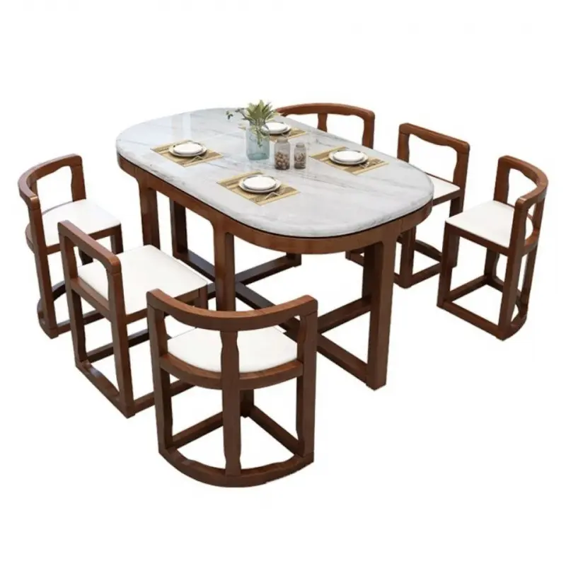 Mesa de comedor redonda de mármol simple moderna, sillas de comedor con marco de madera maciza, juegos de muebles de comedor de cocina para el hogar de lujo Nórdico