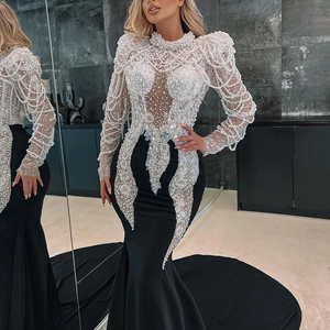 Heavy Pearls Satin Mermaid Prom <b>Dresses</b> 2024 <b>Black</b> Girls High Neck Long Sleeves <b>Plus</b> <b>Size</b> Formal <b>Evening</b> Gowns RSM241007 - Product Image 4