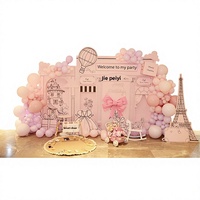 Ensemble de ballons en latex naturel avec toile de fond imprimée numériquement, motif Tour Eiffel, rose luxe moderne, pour fête d'hôtel du 1er anniversaire de bébés filles