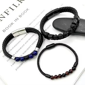 Multilayer kulit besi tahan karat gesper magnetik Pria Perhiasan alami mata harimau manik-manik dikepang gelang kulit untuk pria - Product Image 1
