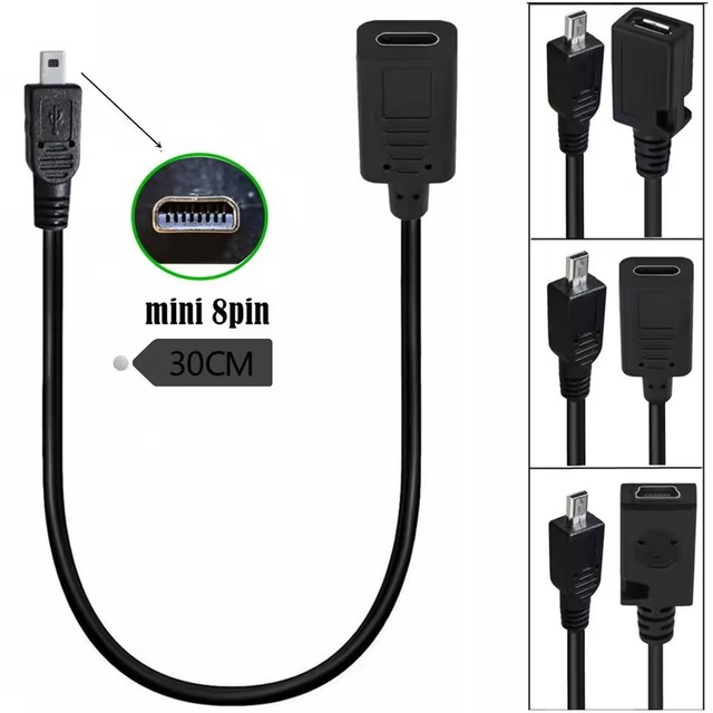Mini USB 8 PIN Male to USB Type-C 3.1 / Mini 5P / Micro 5 Pin Female Data Sync Power Supply Digital Camera Adapter Cable Cord
