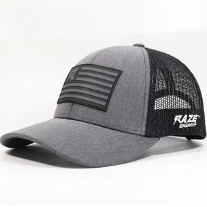 Tùy Chỉnh 6 Bảng Điều Chỉnh Đen Lưới Trucker Hat Với Silicon Vá Biểu Tượng Vá Heather Xám 112 Trucker Cap