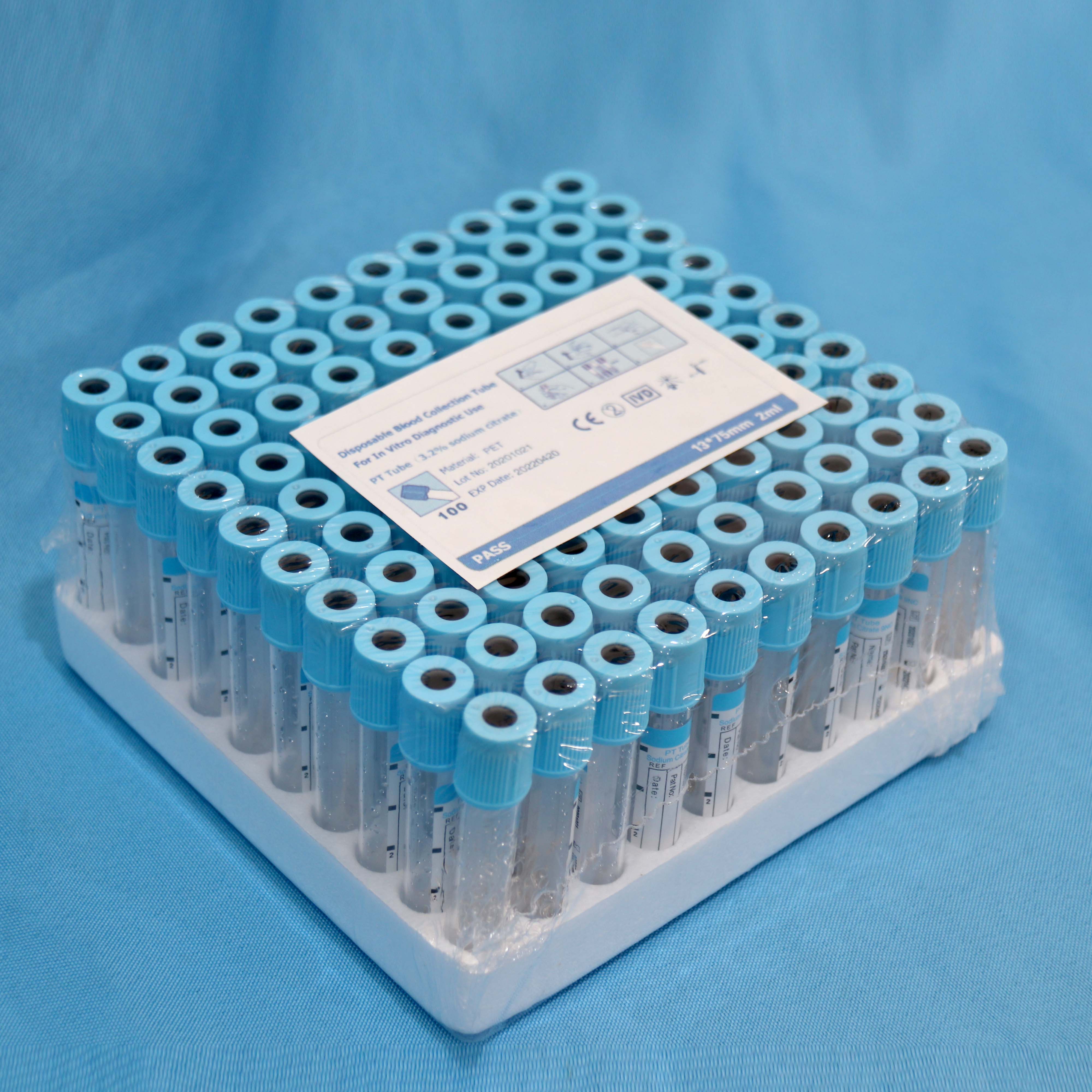 Tubo de colección de sangre de prueba PT de color azul de vidrio/PET para examen clínico