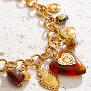 قلادة XY 1989 الأنيقة من الراتنج الأكريليك على شكل قلب مع لؤلؤ صناعي، قلادة ضخمة من الفولاذ المقاوم للصدأ مطلية بالذهب - Product Image 5