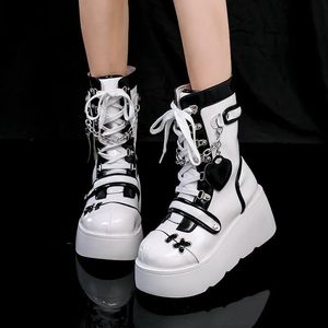 Ladies Cute <b>Heart</b> Decor Short Boots <b>Sweet</b> Pink Style Height Increasing Thick Sole Lace Up Fashion Motorcycle Boots - Product Image 3