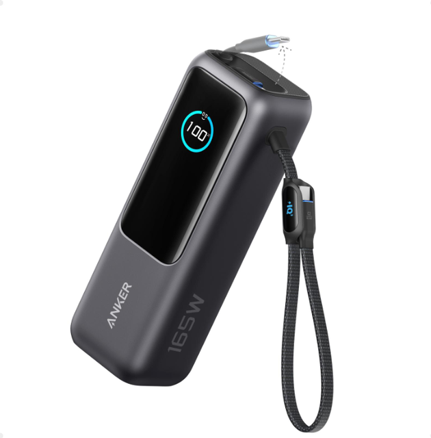 Anker Power Bank 25000mAh 165W Portable Charger Built-In Retractable USB-C Cables 3*100W USB-C Ports Smart Display