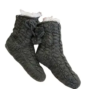 Calcetines con forro polar y bolas para mujer, calcetín de bota de punto con cable