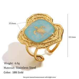 Nuovo anello aperto placcato oro 18K alla moda con <span class=keywords><strong>smalto</strong></span> blu <span class=keywords><strong>turchese</strong></span> e motivo tartaruga di ispirazione nautica gioielli di moda per le donne - Product Image 3