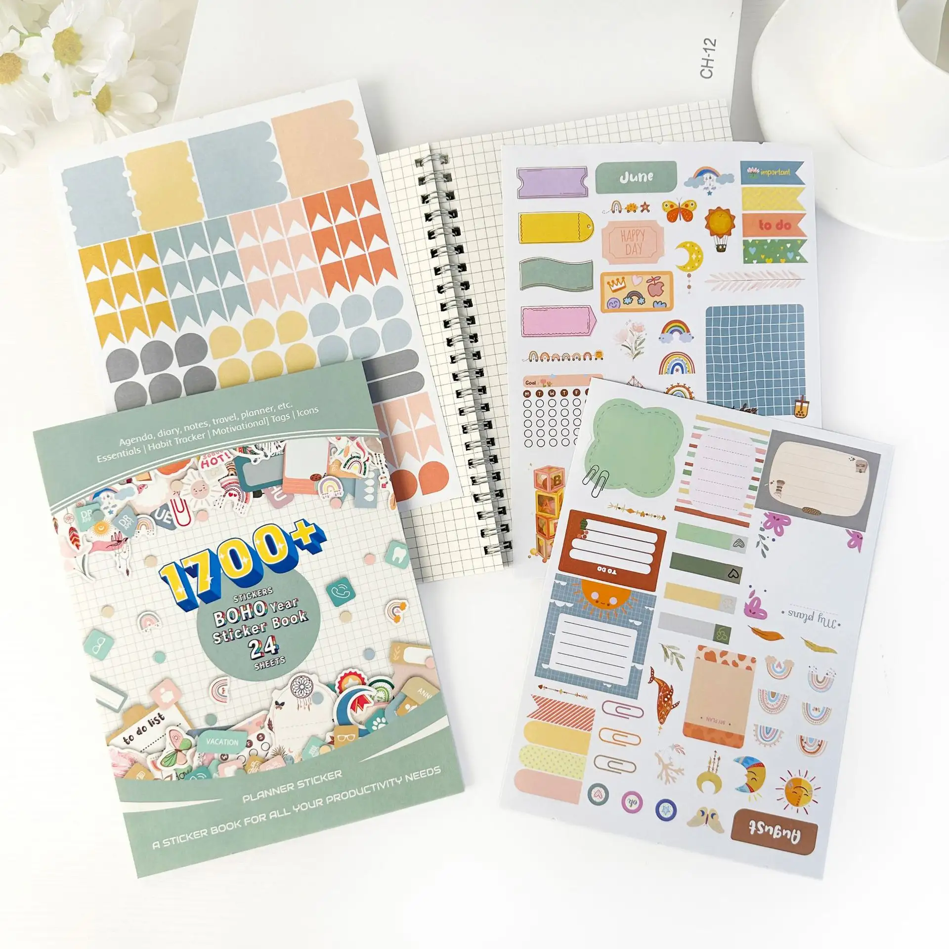 24 folhas 1700pcs + Novo ano mês dia bookplanner adesivos livro diário scrapbook adesivos