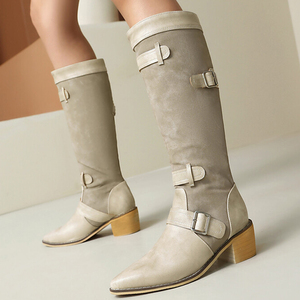 Big Size 47 Low Chunky Heels Belt Metal Buckles Shoes Women Pointed Toe Cowboy Knee High <b>Boots</b> on Wide Fit Long Booties - Product Image 3