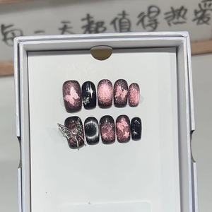 <span class=keywords><strong>Uñas</strong></span> Postizas Cortas con Diseño de Ojo de Gato Estrellado y Lazo Grande Metálico, Hechas a Mano, Desmontables, Venta al Por Mayor - Product Image 4