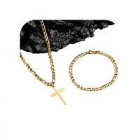 NORBU Ensemble Collier et Bracelet Croix en Acier Inoxydable Plaqué Or 18K pour Hommes, Chaînes Figaro Longueur 20" et 8", Anti-ternissement, Noël