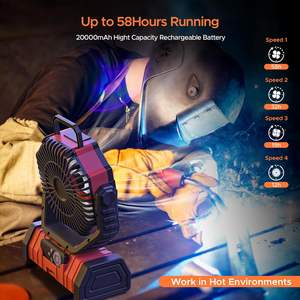 Ventilateur de camping portable rechargeable avec lumière LED, télécommande, batterie externe 20000 mAh, alimentation USB/électrique pour utilisation en camping-car - Product Image 4